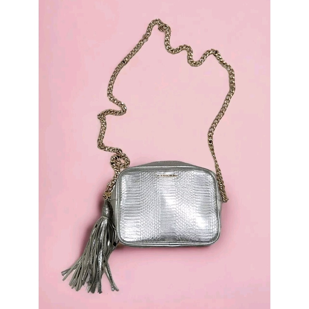 Victoria's Secret Womens Metallic Silver Crossbody Bag Gold Chain Strap & Tassel